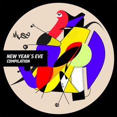 the new year's eve compilation cover art is shown in black and white, with colorful abstract shapes