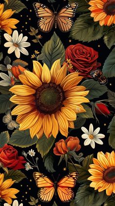 a painting of sunflowers and butterflies on a black background