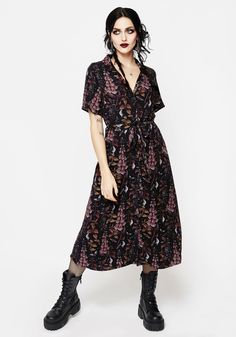 Foxglove Midi Shirt Dress Warm Purple, Floral Meadow, Dance Sing, Dark Metal, Black Floral Print, Midi Shirt Dress, 70 Dress