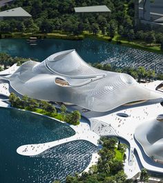 an artist's rendering of a futuristic building in the middle of a body of water