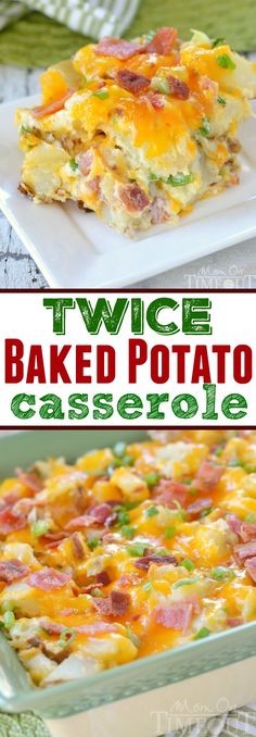 two pictures of baked potato casserole with bacon and cheese