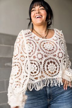 Crochet Knit Lace Fringe Cover Up Top | Mindy Mae's Market Bohemian Crochet Lace Top With Crew Neck, Bohemian Crochet Lace Crew Neck Tops, Bohemian Top With Crochet Lace And Crew Neck, Bohemian Crochet Lace Crew Neck Sweater, Bohemian Knit Top For Layering, Bohemian Lace Top With Crochet Trim And Long Sleeves, Bohemian Crew Neck Knit Top, Bohemian Long Sleeve Lace Top With Crochet Trim, Bohemian Crochet Top With Crew Neck