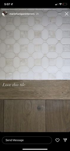 a white tile backsplash with the words love this tile on it's side