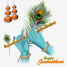 happy janmash greeting card with flute and peacock feathers