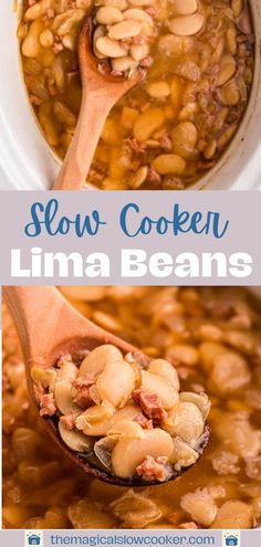 slow cooker filled with lima beans in a white pot and spoon full of it