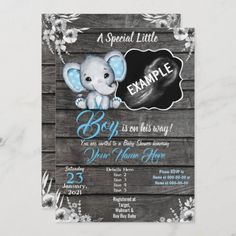 a baby elephant is on his way to the birth announcement with flowers and chalkboard