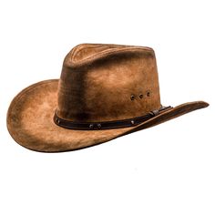 Brand new leather cowboy hat with wide ca.8 cm/3.15 inch brim. Made of genuine cattle leather (stiffened). There is a bendable metal wire in the external part of the brim. Hat with a leather sweatband inside and decorative leather belt as a band sewn down to the outside of the crown. On 1 side of the crown there are 3 ventilation eyelets. Crown height in the highest point is ca.13 cm/5.1 inch. Available in big xl and xxl sizes. Precise handmade craftsmanship from Sterkowski's family-run workshop Vintage Distressed Brown Hat For Country Events, Western Hats For Ranch, Leather Hats For Country Events In Distressed Brown, Vintage Distressed Brown Hat For Rodeo, Leather Distressed Brown Hats For Country Events, Vintage Leather Fedora For Rodeo, Distressed Brown Leather Hats For Country Events, Country Style Distressed Brown Leather Hat Bands, Rustic Distressed Brown Hat For Country Events