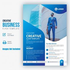 a blue business flyer template with a man in a suit and tie on the cover