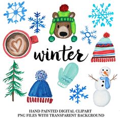 watercolor winter clipart with hats, mittens, gloves and snowflakes