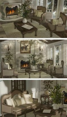 three different views of a living room with couches, chairs and a fire place