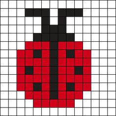 a ladybug cross stitched in squares with black and red dots on it