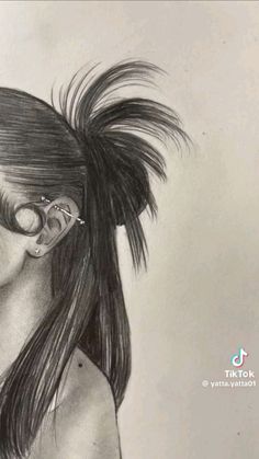 a pencil drawing of a woman with glasses on her face and hair in the wind