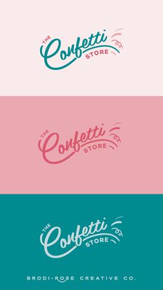 the logo for confetti store is shown in three different colors and font styles