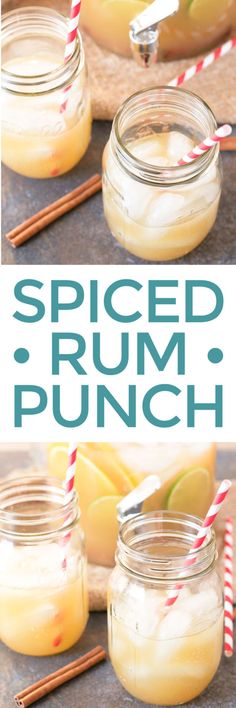 the recipe for spiced rum punch is shown in mason jars