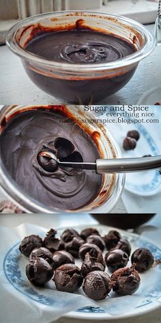 two pictures of chocolate pudding being made in a bowl and then topped with melted chocolate