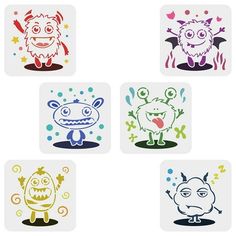 four square stickers with different colored monsters on them, all in various shapes and sizes