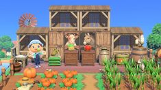 an animated farm scene with animals and pumpkins