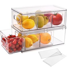 two clear containers filled with different types of fruits and veggies on top of each other