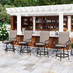 This 4-piece set of outdoor bar stools is just right for the bar in your garden or patio space. Crafted with powder-coated steel frames, each counter-height bar chair shows off a classic look with flat arms textile seats and backs made from PVC-wrapped polyester. We love how the swivel seats add breezy movement that's just right for outdoor spaces - plus, they have footrests for added comfort. Best of all, this set resists weather, water, rust, mildew, and UV rays, so it holds up in outdoor spac Rattan Bar Stools, Patio Bar Stools, Bar Patio, Bar Height Stools, Bar Stool Chairs, Outdoor Stools, Outdoor Bar Stools, Fire Pit Patio, Bar Chair