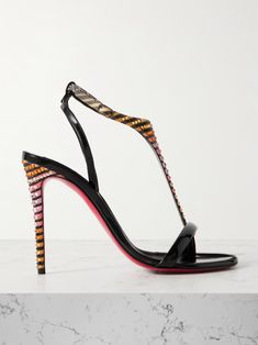 CHRISTIAN LOUBOUTIN Athina 100 patent leather-trimmed crystal-embellished striped satin sandals | NET-A-PORTER Christian Louboutin Sandals, Satin Sandals, Latest Sandal, Nude Sandals, Christian Louboutin Women, Leather Heels Sandals, Silver Sandals, Embellished Sandals, Black Patent Leather