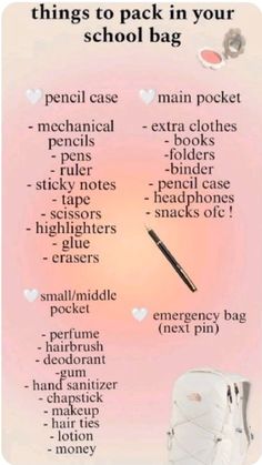 the back to school bag list is shown in pink and white with hearts on it