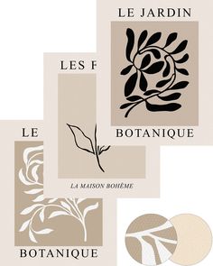 four different types of art work with the words le jardin, les fotainque and la maison rohome