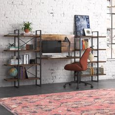 a room with a rug, desk and shelves