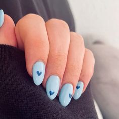 #nails #nailart #acrylic #acrylicnaildesigns #almondnails #aesthetic #summer #summernails #blue #heart Cute Nail Designs With Hearts, Nail Designs On Blue Nails, Simple Cute Blue Nails, Simple Blue Nail Designs Short, First Day Of School Nails Highschool, Summer Heart Nails, Nail Inspo For Natural Nails, Blue Easy Nails, Simple Gel Nails Summer Almond