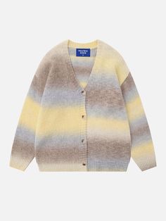 Material: 58% Acrylic, 29% Polyester, 9% Nylon, 4% Wool. Clothing details: Patchwork. SIZE GUIDE Pale Yellow Outfit, Summer Y2k Outfits, Sweater Couple, Yellow Clothes, Striped Knitted Sweater, Streetwear Jackets, Stripe Cardigan, Fall 24, Hippie Decor