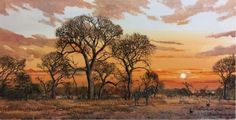 a painting of the sun setting behind trees and zebras in an open field with grass