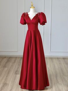 Burgundy V-Neck Satin Long Prom Dress Satin V-neck Banquet Dress, Red V-neck Maxi Dress For Banquet, Fitted Bodice V-neck Dresses For Banquet, V-neck Satin Dress For Banquet, Satin V-neck Dress For Banquet, Satin V-neck Evening Dress For Banquet, Banquet Satin V-neck Evening Dress, Maroon Satin Dress, Satin Long Prom Dress