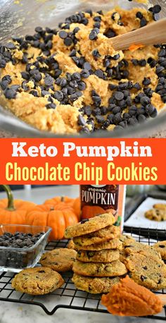 keto pumpkin chocolate chip cookies are cooling on the rack, and then being scooped into the bowl