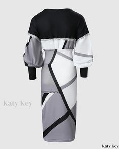 KatyKey - Elegant Geometric Print Lantern Sleeve Midi Dress Sleeve Midi Dress, Midi Dress With Sleeves, Lantern Sleeve, Printed Midi Dress, Dress Size Chart, Lantern Sleeves, Style Elegant, Geometric Print, Sleeve Styles