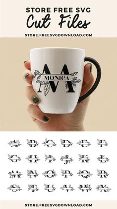 a woman holding a coffee mug with the words, store free svg cut files