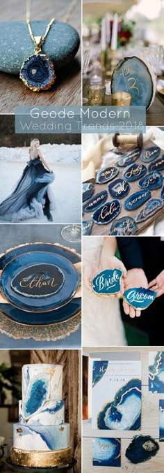 a collage of photos with blue and gold wedding colors, including the bride's name