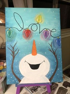 a painting of a snowman with hearts on his nose