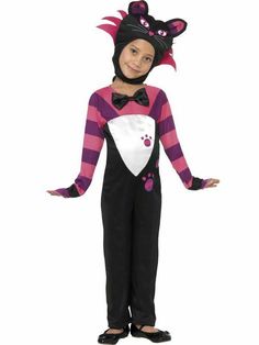 Super cute black and pink tabby cat girls costume by Smiffys.  This fancy dress kid's costume is purrrrfect for a black cat outfit this Halloween, Dress Up,  or a Cheshire Cat from Alice In Wonderland costume Tabby Cat Girls Costume Become a purring cute kitty in this Tabby Cat girls costume by Smiffy's. Size is Toddler Small Includes: Jumpsuit Headpiece Kids Cat Costume Description: Black stretch fabric jumpsuit with velcro closure at the back. Cat jumpsuit has pink and purple striped chest and Black Cat Outfit, Cat Girl Costume, Cat Costume Kids, Cat Jumpsuit, Cat Onesie, Carnival Fashion, Alice In Wonderland Costume, Wonderland Costumes, Cat Halloween Costume