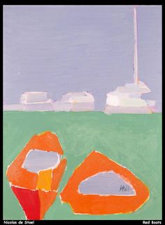 an abstract painting with orange and red shapes in front of a green field, white buildings and blue sky