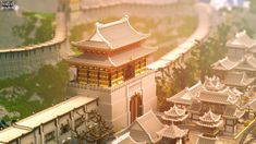 an aerial view of a chinese city with buildings and trees in the foreground, on a sunny day