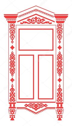 a red and white window frame with an ornate design