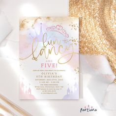 a pink and gold birthday party card with the words lunay and five on it