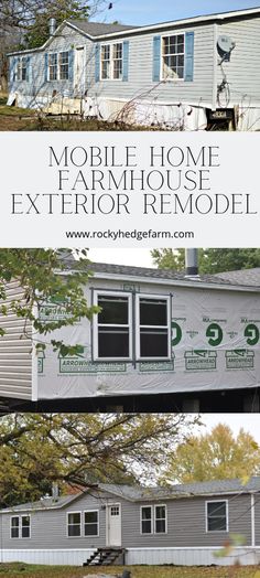 the mobile home exterior remodel is shown in two different photos, with text overlay