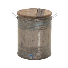 an old metal bucket with wooden lid