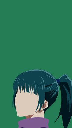 an anime character with long black hair and ponytails, looking at something green in the background