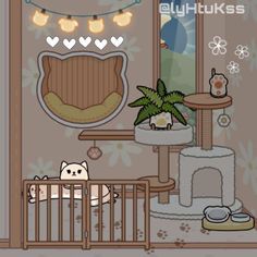 a cat is in the crib next to a bed and a mirror with lights on it