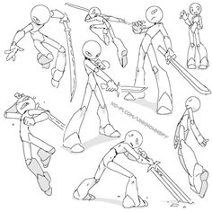 an image of some cartoon characters doing different things in the same drawing style, including swords and