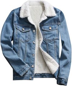 Fanteecy Women's Oversized Thick Warm Sherpa Fur Lined Denim Trucker Jacket Boyfriend Jean Coat Vintage Loose Jeans Coat at Amazon Women's Coats Shop Winter Denim Jacket, Pantalones Boyfriend, Winter Jeans Jacket, Coated Denim Jeans, Denim Jacket With Fur, Jeans Coat, Casual Denim Jacket, Denim Jacket Winter, Moda Denim