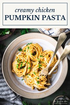 creamy chicken pumpkin pasta in a white bowl with a wooden spoon on the side and text overlay