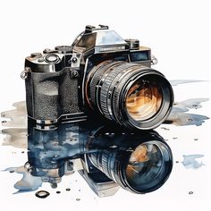 an old fashioned camera sitting on top of a table next to a puddle of water