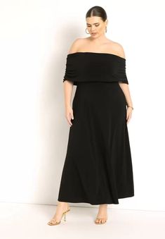 Off Shoulder Maxi Dress - Close Fit Bodice, Black Onyx | Eloquii Plus Size Black Dress, Plus Size Black Dresses, Off Shoulder Maxi Dress, Plus Size Black, Wedding Attire, Fitted Bodice, Black Onyx, Off The Shoulder, Onyx